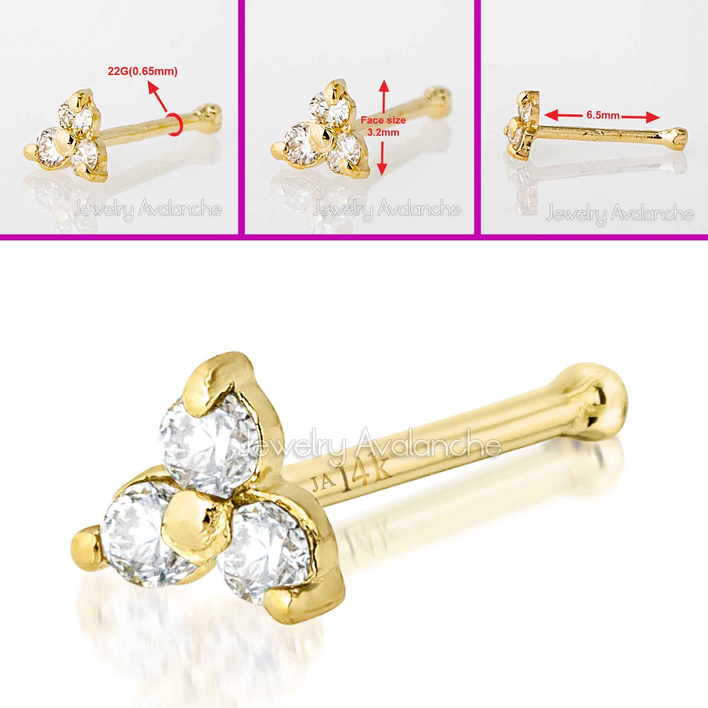Jewelry Avalanche 3-stone 0.03ctw Diamond Nose Bone Stud 22G Solid 14K Gold