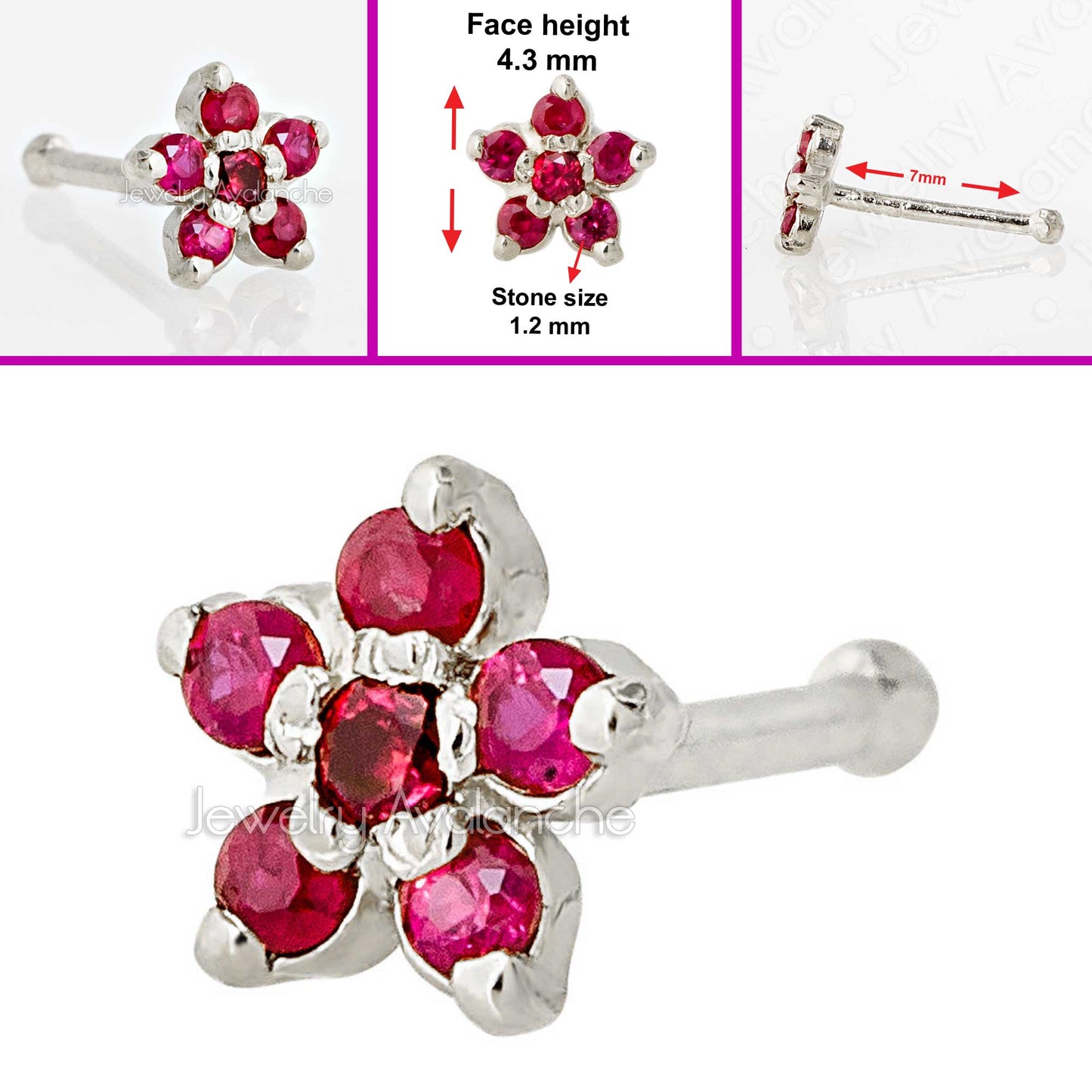 Jewelry Avalanche 22G Solid 14K Gold Ruby Flower Nose Bone Nose Stud