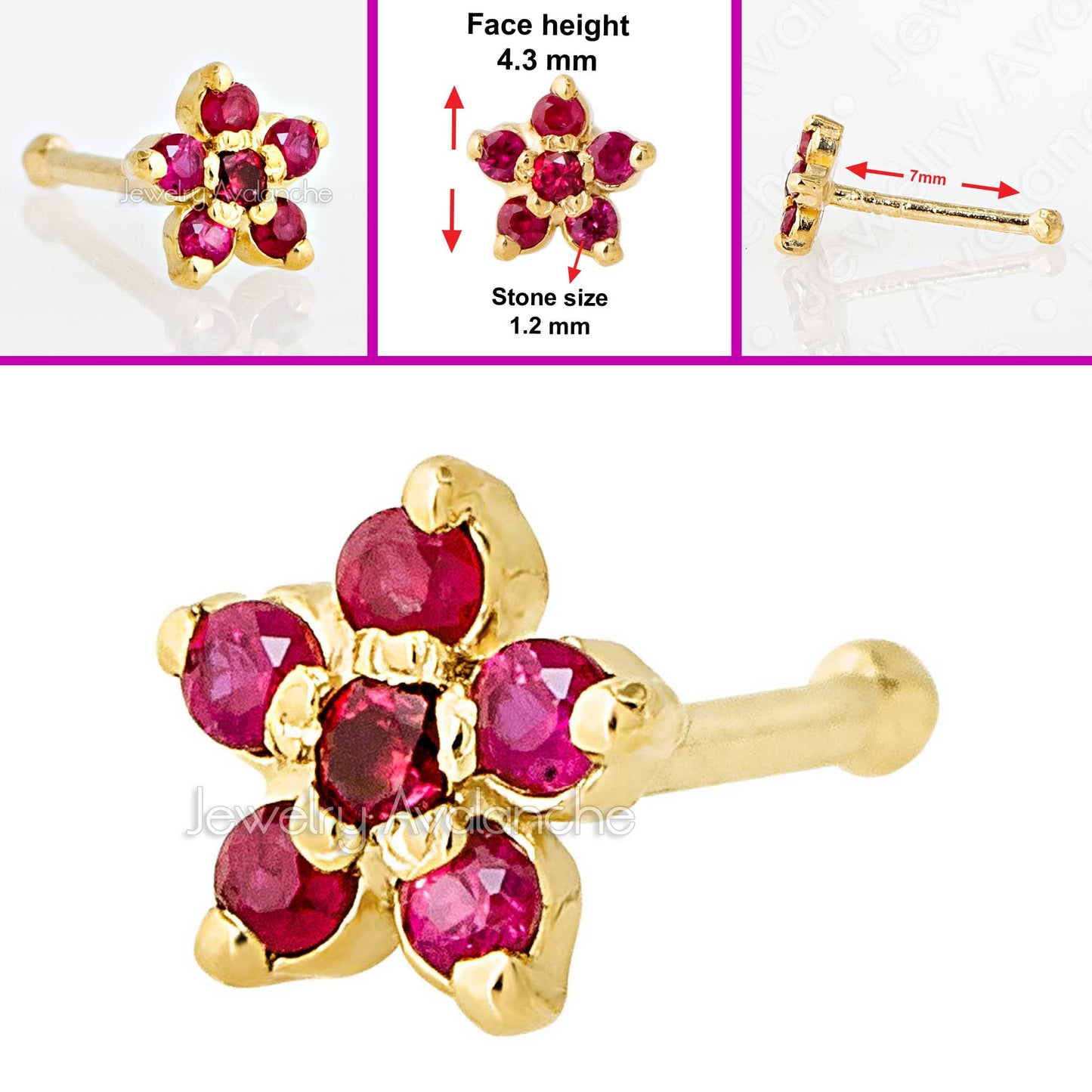 Jewelry Avalanche 22G Solid 14K Gold Ruby Flower Nose Bone Nose Stud