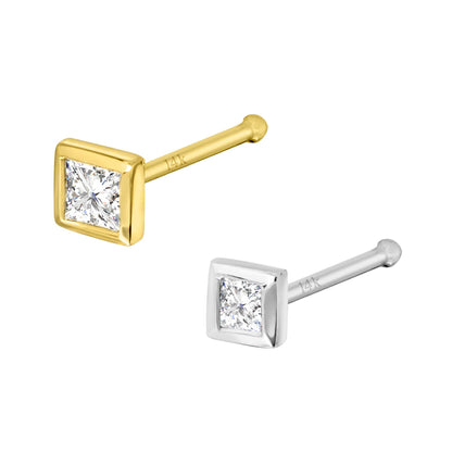 Jewelry Avalanche Bezel Set Princess Cut Diamond Nose Bone Nose Stud - Solid 14K Gold - 22G