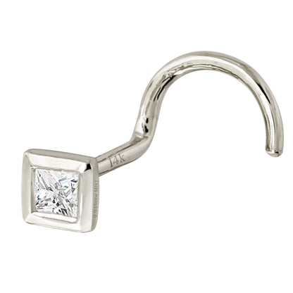 Jewelry Avalanche Bezel Set Princess Cut Moissanite Nose Screw Nose Stud, Solid 14K Gold, 22G