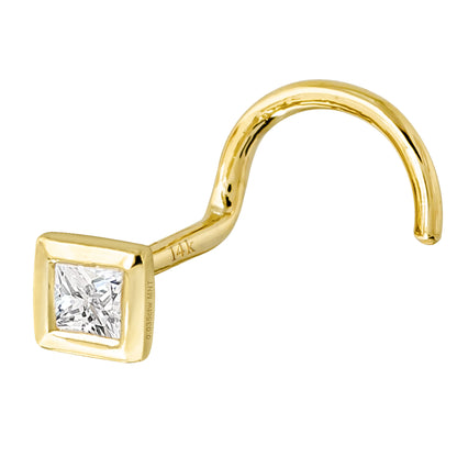 Jewelry Avalanche Bezel Set Princess Cut Moissanite Nose Screw Nose Stud, Solid 14K Gold, 22G