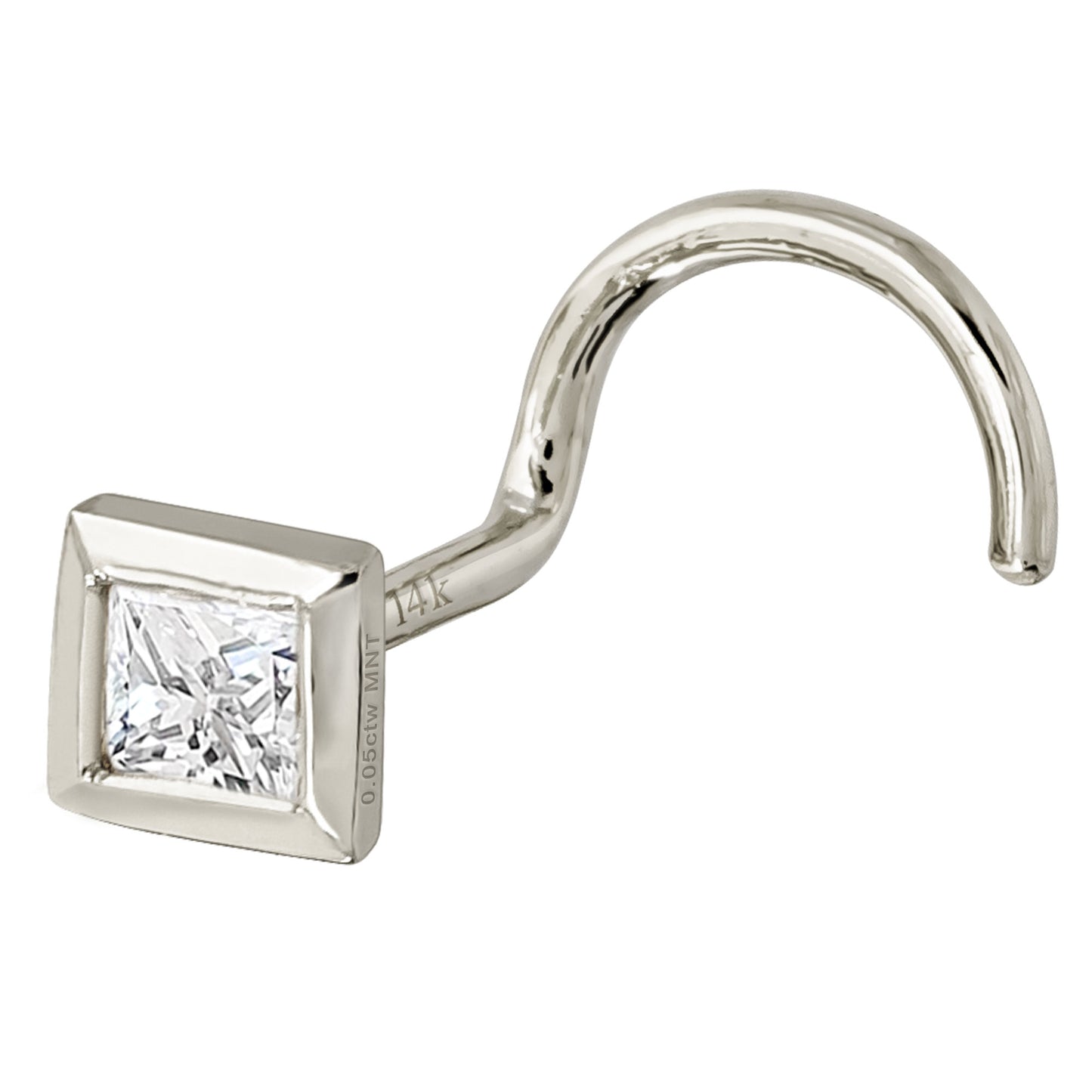 Jewelry Avalanche Bezel Set Princess Cut Moissanite Nose Screw Nose Stud, Solid 14K Gold, 22G
