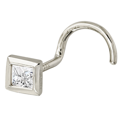 Jewelry Avalanche Bezel Set Princess Cut Moissanite Nose Screw Nose Stud, Solid 14K Gold, 22G