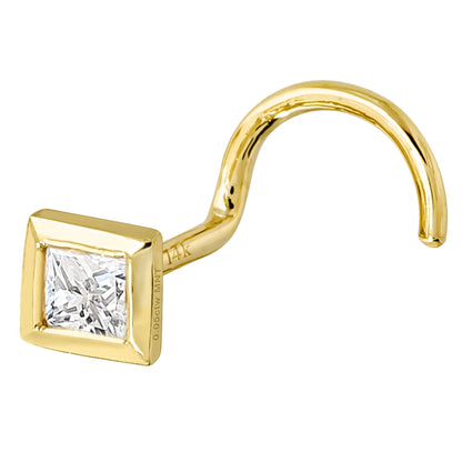 Jewelry Avalanche Bezel Set Princess Cut Moissanite Nose Screw Nose Stud, Solid 14K Gold, 22G