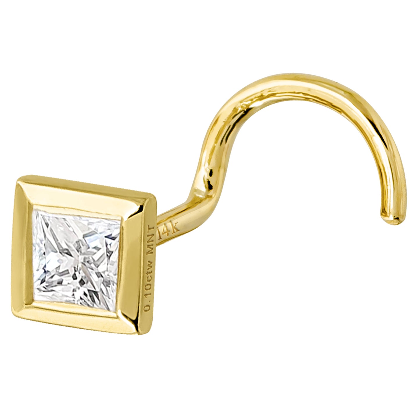 Jewelry Avalanche Bezel Set Princess Cut Moissanite Nose Screw Nose Stud, Solid 14K Gold, 22G
