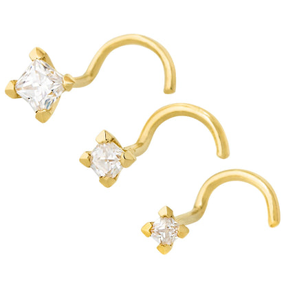 Jewelry Avalanche V-Prong Set Princess Cut Moissanite Nose Screw Nose Stud, Solid 14K Gold, 22G