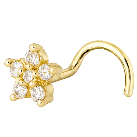 Jewelry Avalanche 20G 14K Yellow Gold CZ Accented Flower Nose Screw Nose Ring Stud