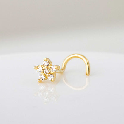 Jewelry Avalanche 20G 14K Yellow Gold CZ Accented Flower Nose Screw Nose Ring Stud