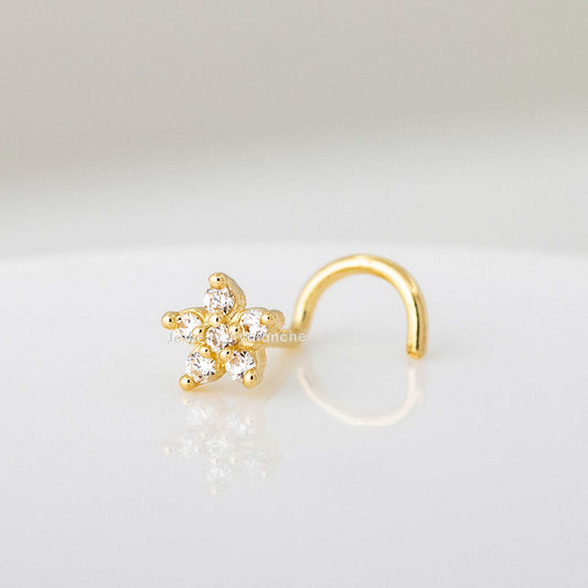 Jewelry Avalanche 20G 14K Yellow Gold CZ Accented Flower Nose Screw Nose Ring Stud