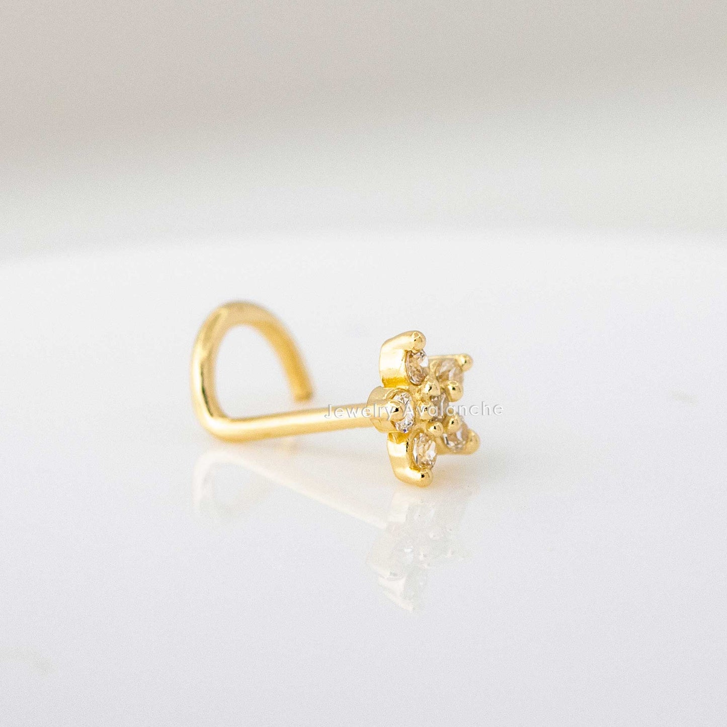 Jewelry Avalanche 20G 14K Yellow Gold CZ Accented Flower Nose Screw Nose Ring Stud