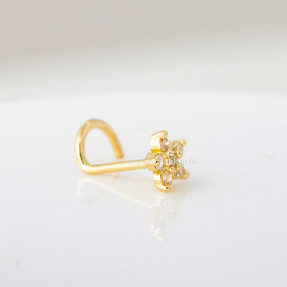 Jewelry Avalanche 20G 14K Yellow Gold CZ Accented Flower Nose Screw Nose Ring Stud