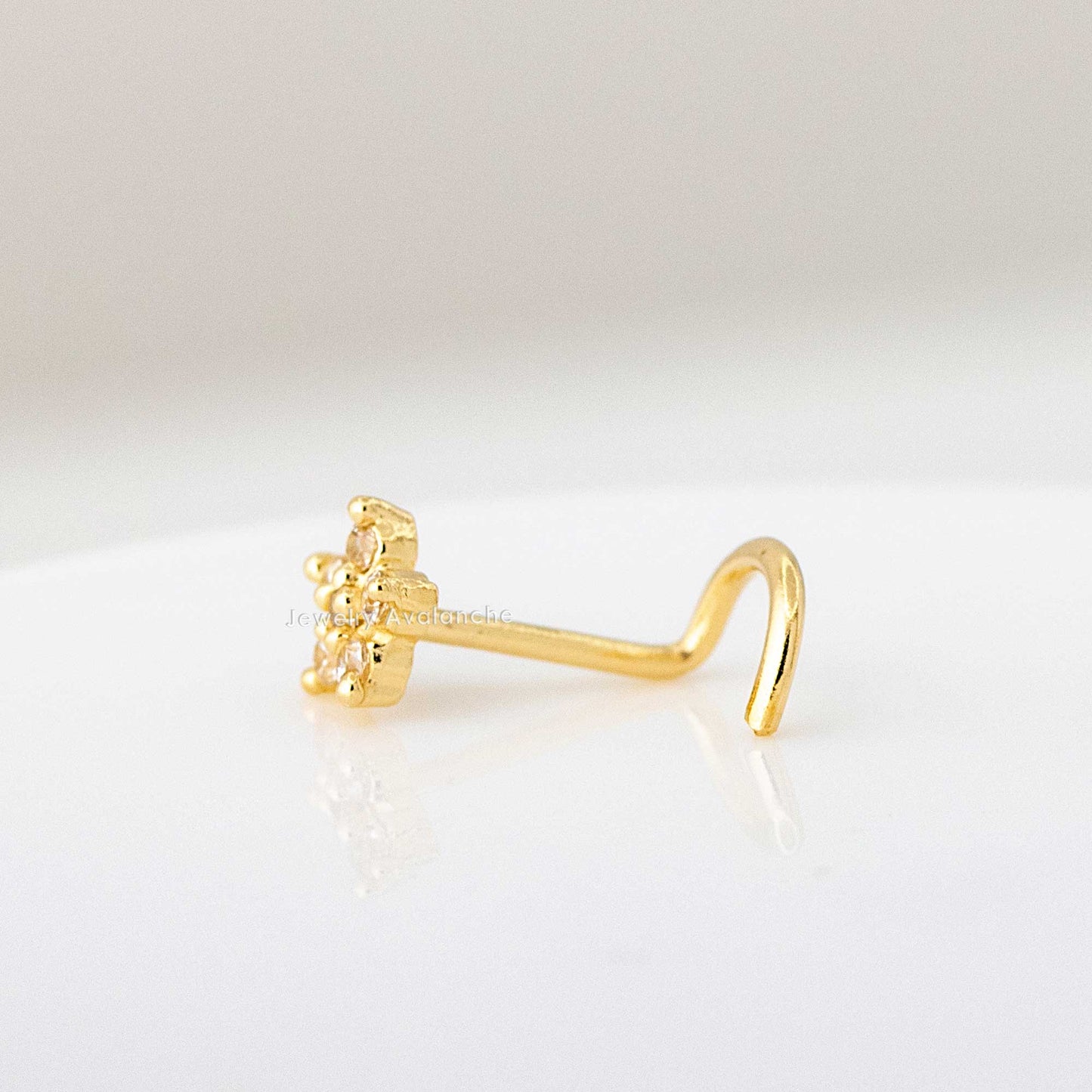 Jewelry Avalanche 20G 14K Yellow Gold CZ Accented Flower Nose Screw Nose Ring Stud