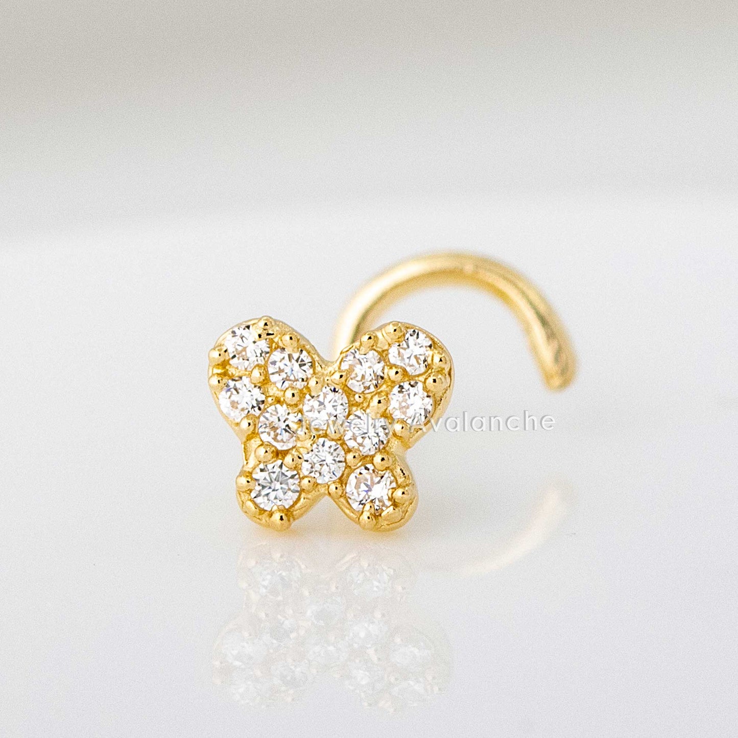 Jewelry Avalanche 20G 14K Yellow Gold Pave Set CZ Butterfly Nose Screw Nose Ring Stud