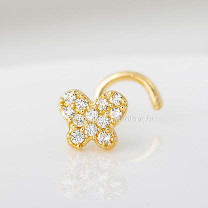 Jewelry Avalanche 20G 14K Yellow Gold Pave Set CZ Butterfly Nose Screw Nose Ring Stud