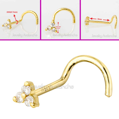 Jewelry Avalanche 3-stone 0.015ctw Diamond Nose Screw Nose Stud 22G Solid 14K Gold