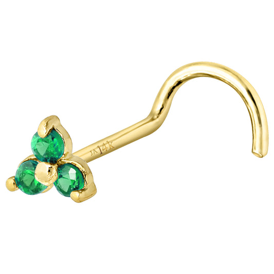 Jewelry Avalanche 3-stone Emerald Screw Nose Stud 22G Solid 14K Gold