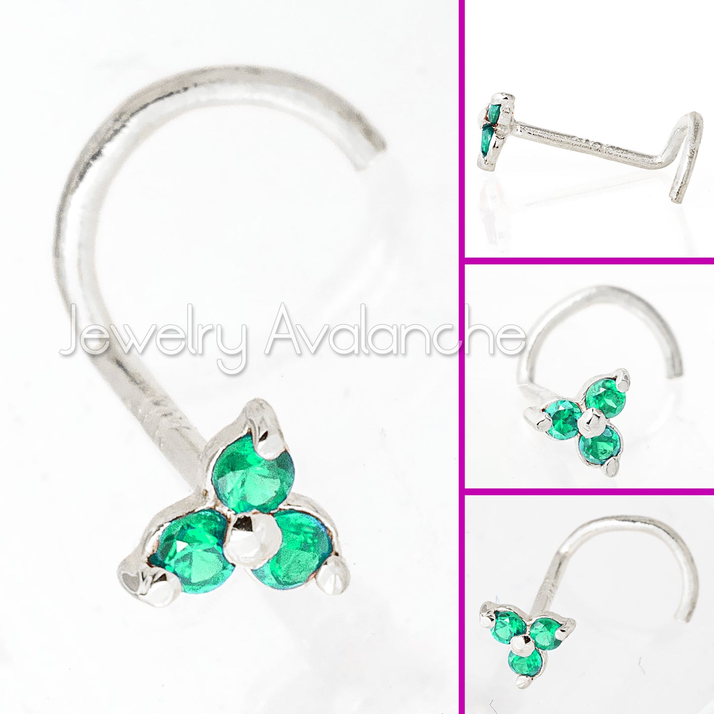 Jewelry Avalanche 3-stone Emerald Screw Nose Stud 22G Solid 14K Gold
