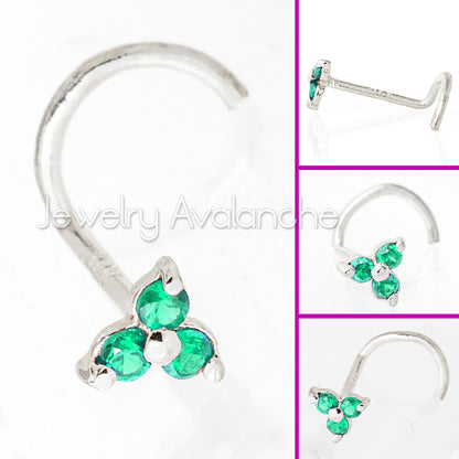 Jewelry Avalanche 3-stone Emerald Screw Nose Stud 22G Solid 14K Gold