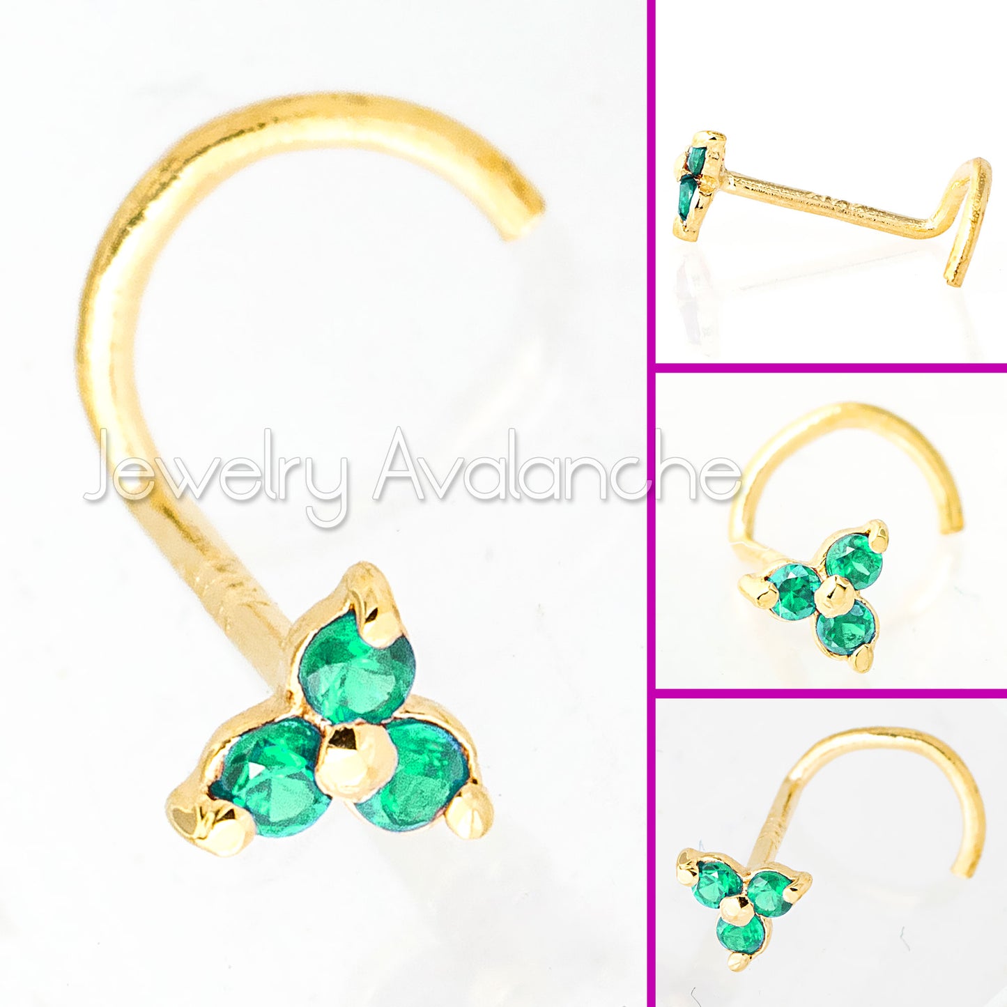 Jewelry Avalanche 3-stone Emerald Screw Nose Stud 22G Solid 14K Gold