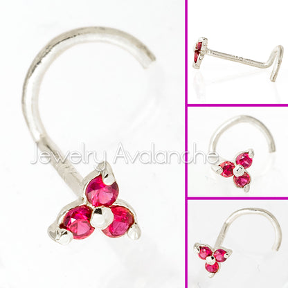 Jewelry Avalanche 3-stone Ruby Screw Nose Stud 22G Solid 14K Gold