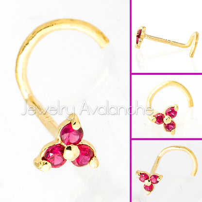 Jewelry Avalanche 3-stone Ruby Screw Nose Stud 22G Solid 14K Gold