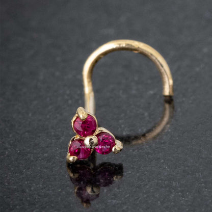 Jewelry Avalanche 3-stone Ruby Screw Nose Stud 22G Solid 14K Gold
