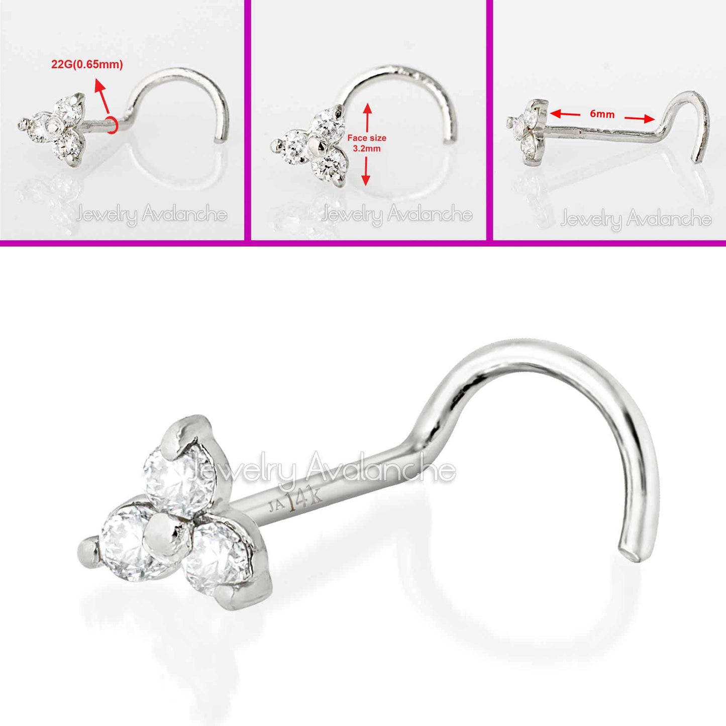 Jewelry Avalanche 3-stone 0.03ctw Diamond Screw Nose Stud 22G Solid 14K Gold