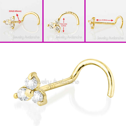 Jewelry Avalanche 3-stone 0.03ctw Diamond Screw Nose Stud 22G Solid 14K Gold