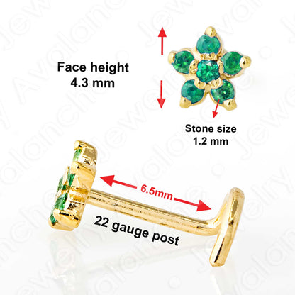 Jewelry Avalanche 22G Solid 14K Gold Emerald Flower Nose Screw Nose Stud