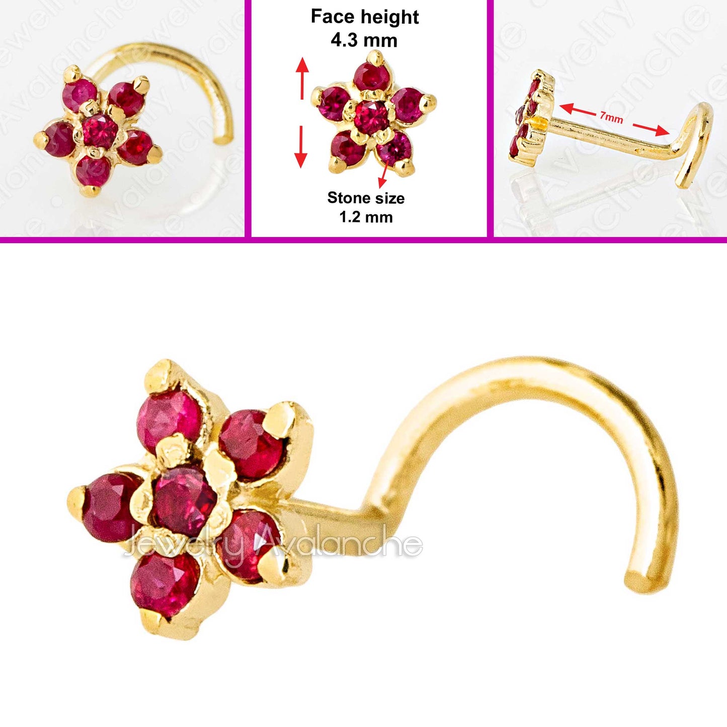 Jewelry Avalanche 22G Solid 14K Gold Ruby Flower Nose Screw Nose Stud