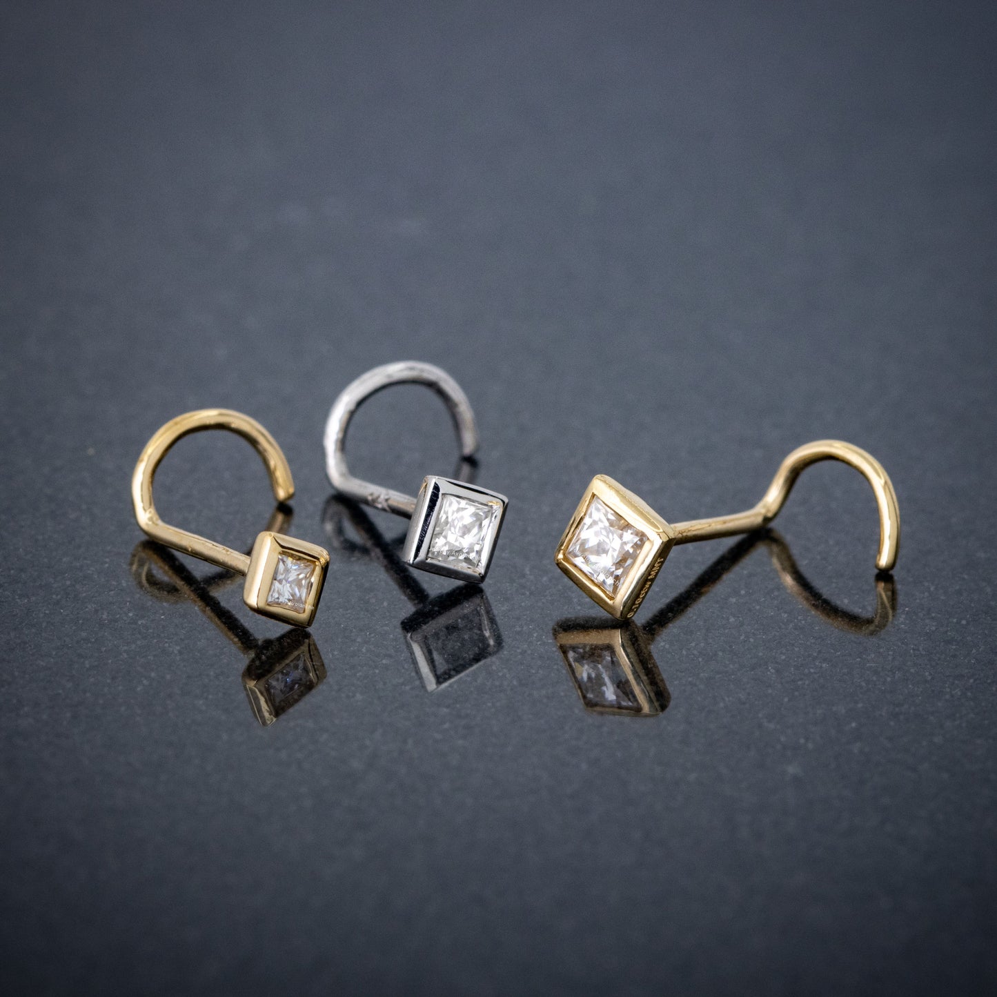 Jewelry Avalanche Bezel Set Princess Cut Moissanite Nose Screw Nose Stud, Solid 14K Gold, 22G