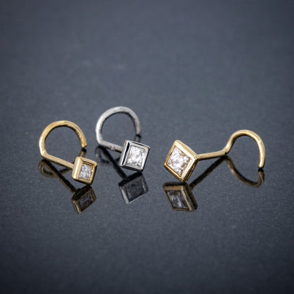 Jewelry Avalanche Bezel Set Princess Cut Moissanite Nose Screw Nose Stud, Solid 14K Gold, 22G