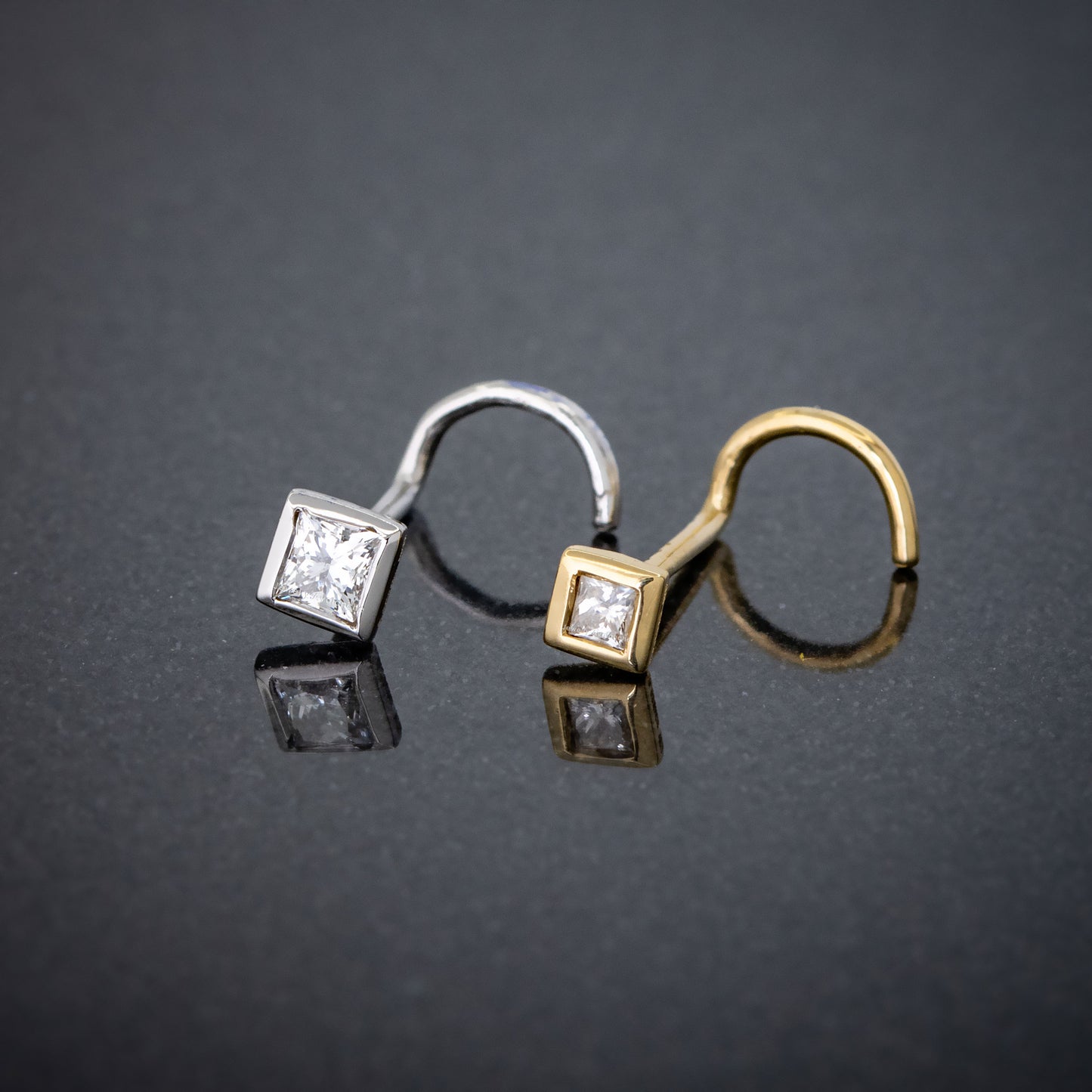 Jewelry Avalanche Bezel Set Princess Cut Diamond Nose Screw Nose Stud - Solid 14K Gold - 22G