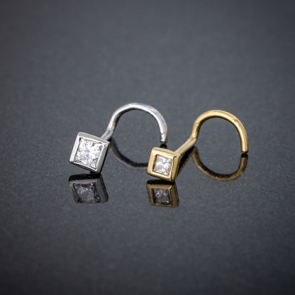 Jewelry Avalanche Bezel Set Princess Cut Diamond Nose Screw Nose Stud - Solid 14K Gold - 22G