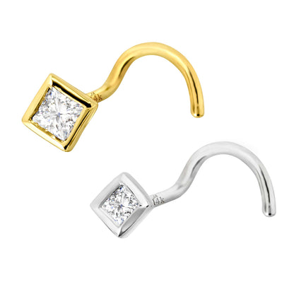 Jewelry Avalanche Bezel Set Princess Cut Diamond Nose Screw Nose Stud - Solid 14K Gold - 22G