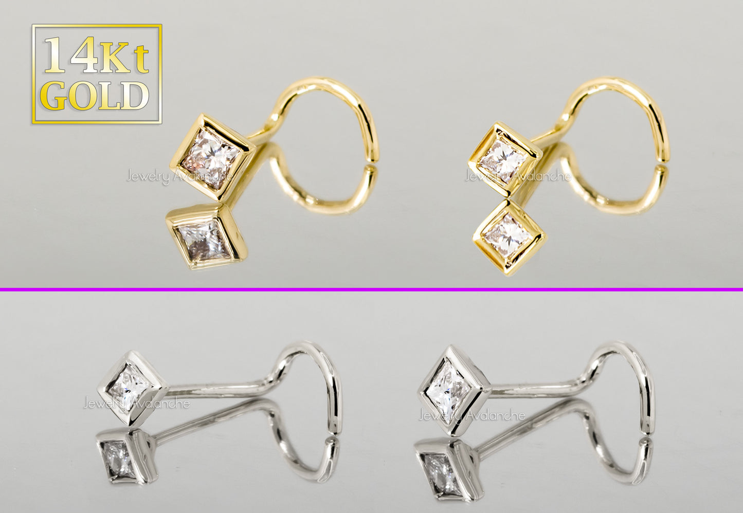 Jewelry Avalanche Bezel Set Princess Cut Diamond Nose Screw Nose Stud - Solid 14K Gold - 22G