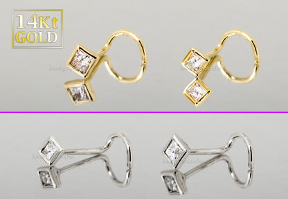 Jewelry Avalanche Bezel Set Princess Cut Diamond Nose Screw Nose Stud - Solid 14K Gold - 22G