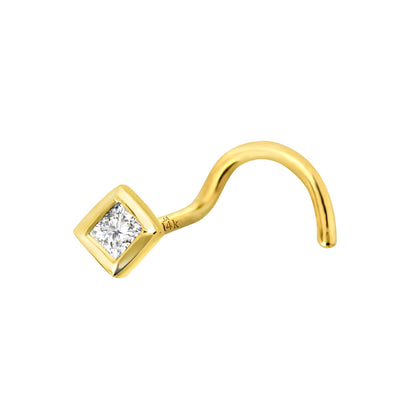 Jewelry Avalanche Bezel Set Princess Cut Diamond Nose Screw Nose Stud - Solid 14K Gold - 22G