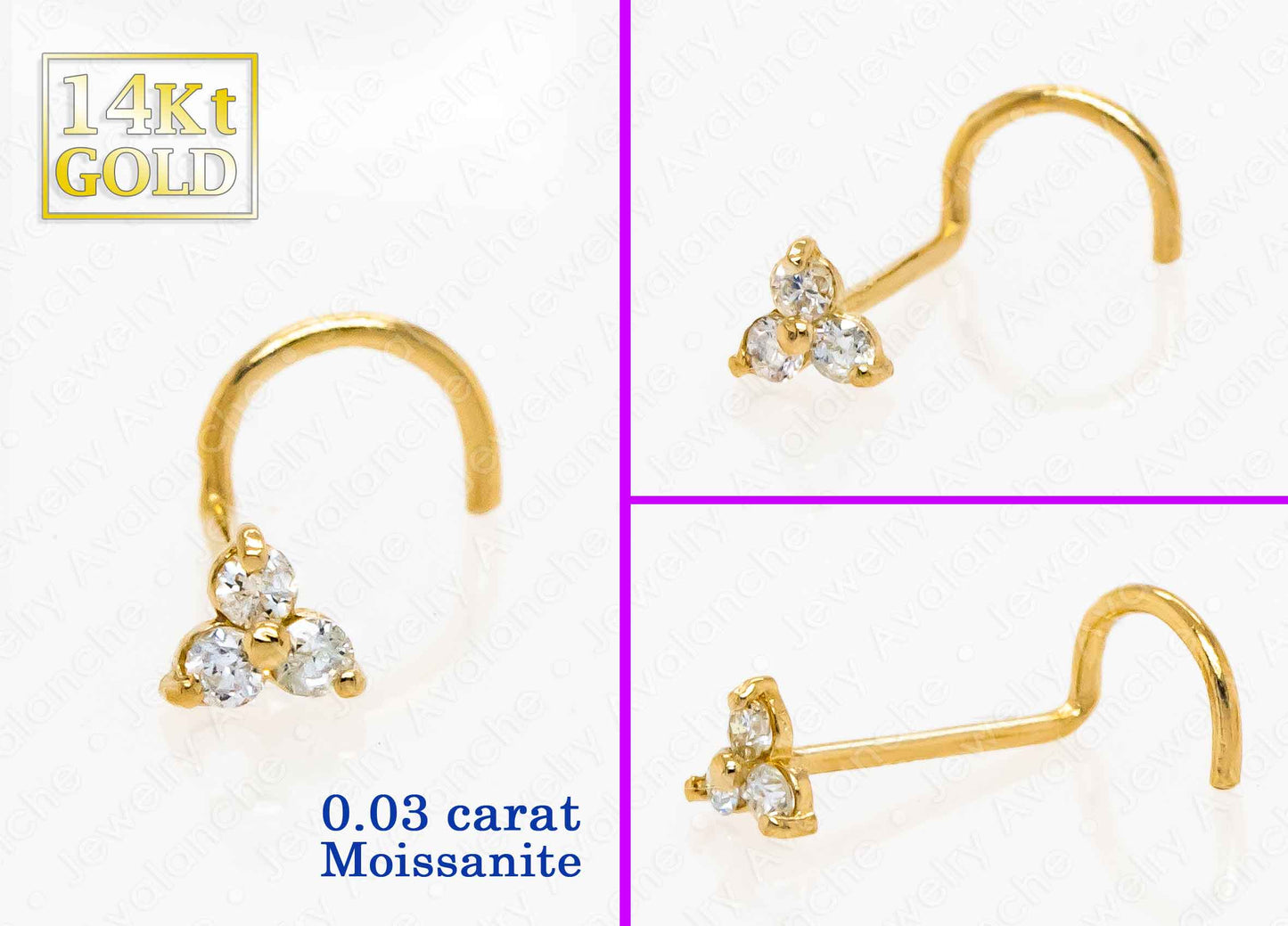 Jewelry Avalanche 14K Gold 22G 3-stone 0.015ctw Moissanite Screw Nose Stud