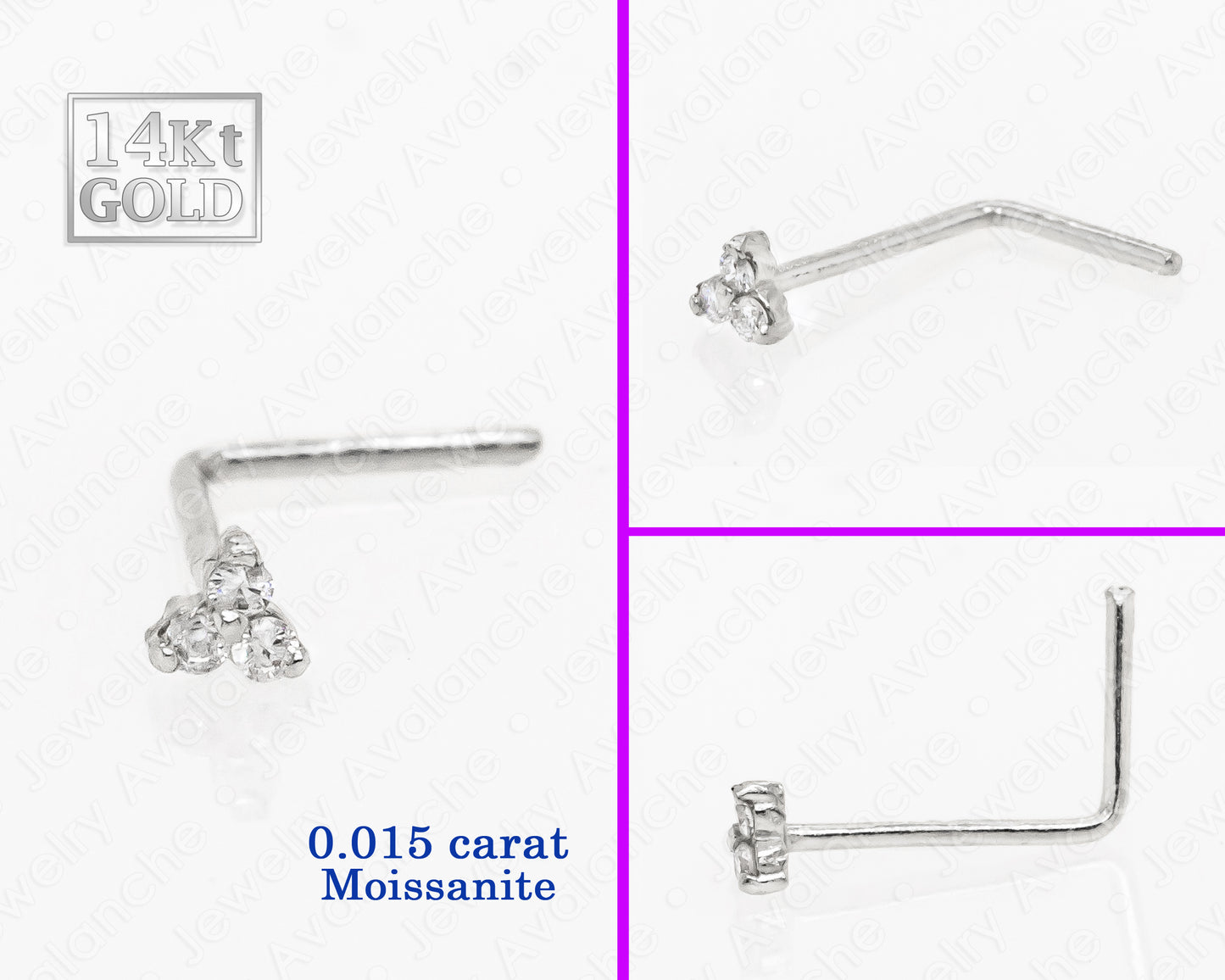 Jewelry Avalanche 14K Gold 22G 3-stone 0.015ctw Moissanite L-Shape Nose Stud