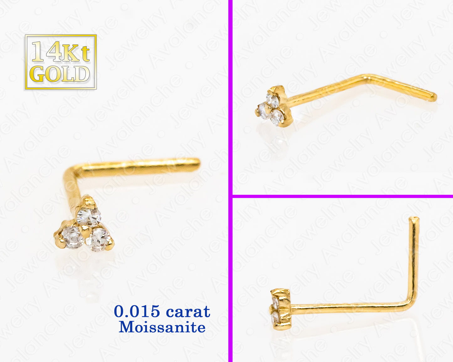 Jewelry Avalanche 14K Gold 22G 3-stone 0.015ctw Moissanite L-Shape Nose Stud
