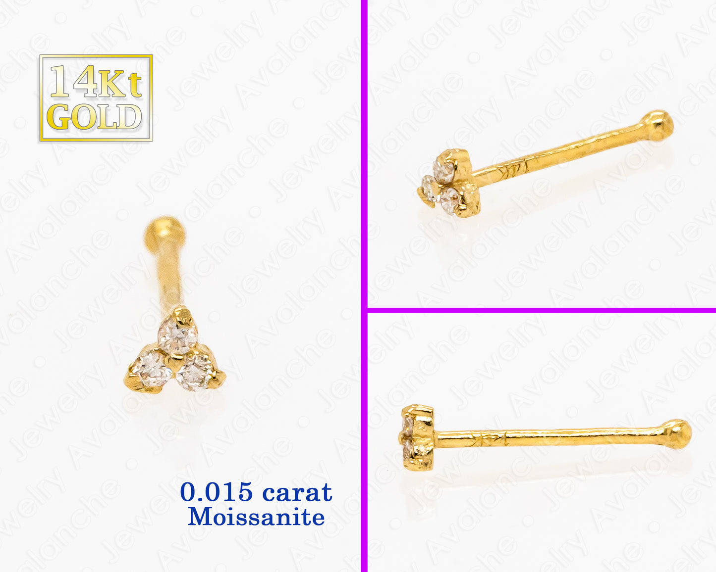 Jewelry Avalanche 14K Gold 22G 3-stone 0.015ctw Moissanite Ball-end Nose Stud