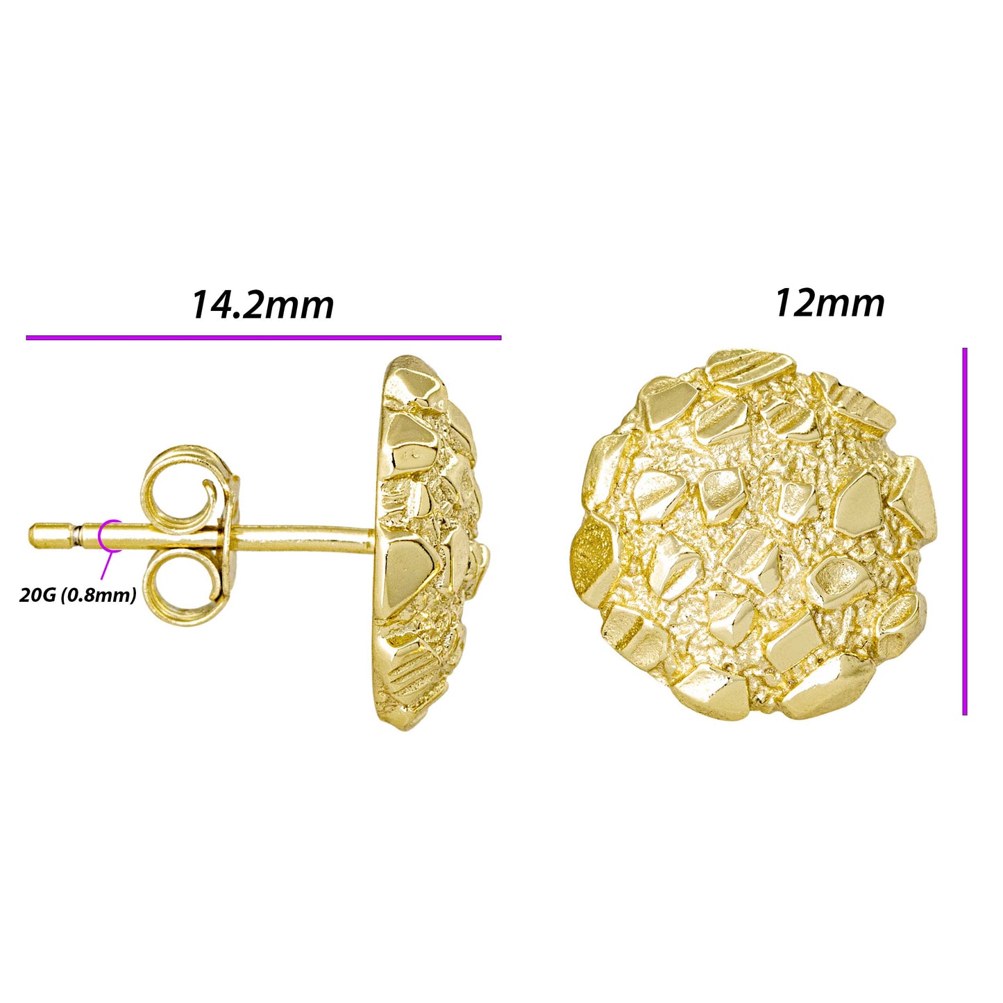 Nugget Stud Earrings - Yellow Gold Plated Sterling Silver Textured Chunky Studs