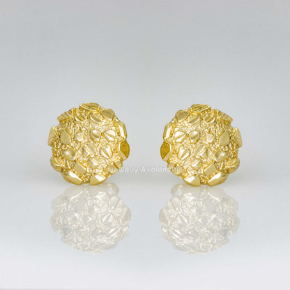 Nugget Stud Earrings - Yellow Gold Plated Sterling Silver Textured Chunky Studs