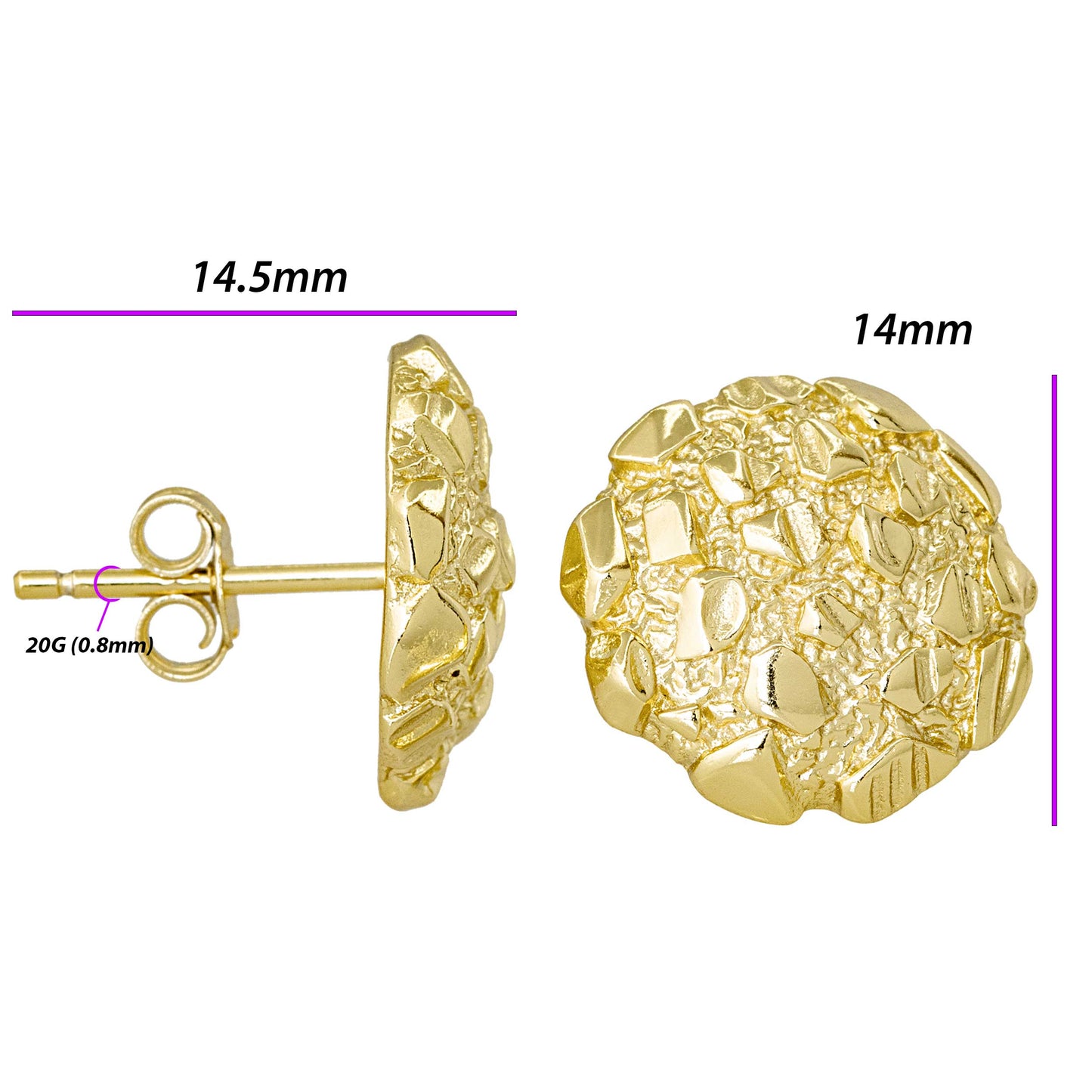 Nugget Stud Earrings - Yellow Gold Plated Sterling Silver Textured Chunky Studs