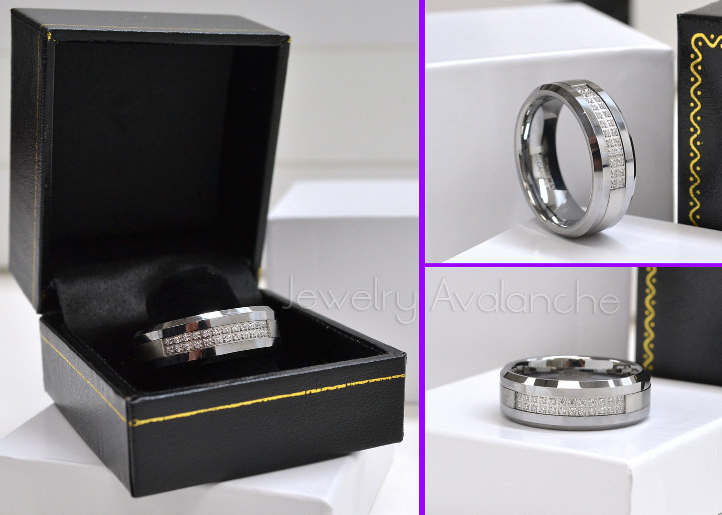 Jewelry Avalanche CZ accented Mens Tungsten Carbide Wedding Band, Comfort-fit, Beveled Edge