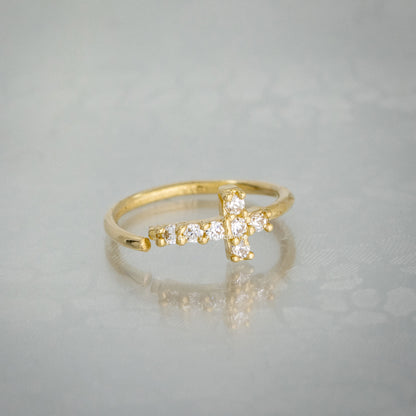 Jewelry Avalanche 14K Gold Cross CZ Nose Hoop Ring, 20G, 8mm, Twist-open