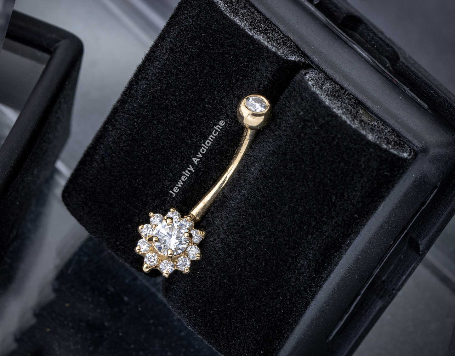 Jewelry Avalanche Women's 14K Gold Lotus Flower 14G Belly Button Ring with 0.45cttw Round Moissanites