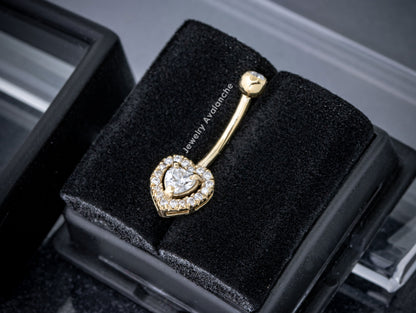 Jewelry Avalanche Women's 14K Gold Halo Heart 14G Belly Button Ring with 0.50cttw Moissanite
